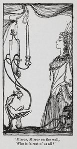 Snowdrop (白雪姫) の鏡で自分自身を見ている邪悪な女王 作： Arthur Rackham