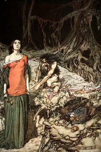 「ハーゲンの母、グリムヒルデの口説き文句」、1924年。 作： Arthur Rackham