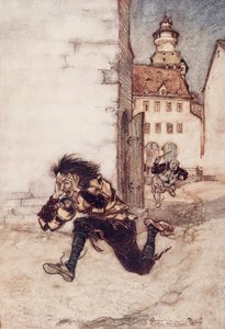それから彼は彼の後ろを走り、まだ彫刻用ナイフを握っていて、叫びました。グリム兄弟の童話、パブから。 1909 作： Arthur Rackham
