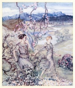 それから彼ら（イオランとチュイレン）はリンゴの花と蜂蜜のにおいがする国で手を取り合った。アイルランドのおとぎ話のふすまの誕生から 作： Arthur Rackham