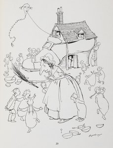靴に住んでいるおばあさんがいました。 靴屋とたくさんの子供を持つ女性。 作： Arthur Rackham