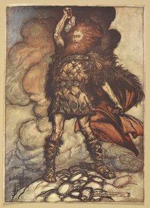トールはハンマーを振り上げます。 作： Arthur Rackham
