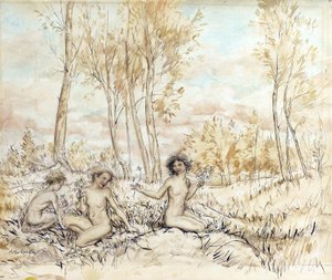 花を集める3つの木のニンフ（紙にペンとインクとトイレ） 作： Arthur Rackham