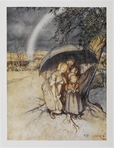 虹の傘の下に避難する 3 人の子供。 「雨雨、スペインに行け」。 作： Arthur Rackham