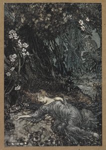 眠るティターニア」。 「真夏の夜の夢」の一場面。 作： Arthur Rackham