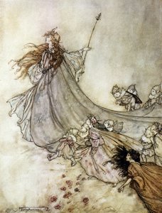 料金の女王タイタニア。アーサー・ラッカム（1867-1939）によるウィリアム・シェイクスピア作『夏の夜の夢』の挿絵