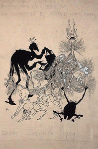 1896年に出版されたS.J.Adair Fitzgeraldの「The Zankiwank and the Bletherwitch」のタイトルページのイラスト（紙にペンとインク）。 作： Arthur Rackham