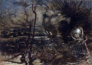 沼地で溺れ損ねた二人の登場人物をパックが火で助ける。アーサー・ラッカム（1867-1939）によるウィリアム・シェイクスピア作『夏の夜の夢』の挿絵 作： Arthur Rackham