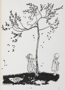 Kaksi lasta yrittää saada kissan alas puusta. 作： Arthur Rackham