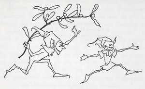 Dois elfos brincando, um carregando um raminho de visco 作： Arthur Rackham