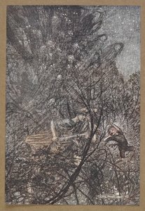 上下、上下、ゴブリン、上下に誘導して」 「真夏の夜の夢」の一場面。 作： Arthur Rackham
