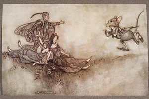 ウォールフラワージュースは、JMバリー（1860-1937）によってケンジントンガーデンズのピーターパンからパブで地面に落ちるダンサーを復活させるのに適しています。 1906 作： Arthur Rackham