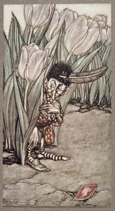 彼がピーターズの声を聞いたとき、彼はチューリップの後ろに驚いて飛び込んだ。 1906 作： Arthur Rackham
