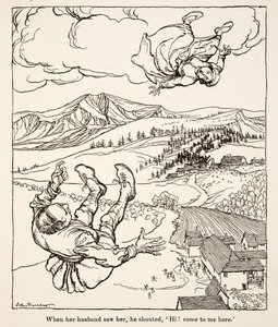 グリム兄弟の「Little Brother & Little Sister and Other Tales」（1917年）から、彼女を見た夫が「ハーイ！こっちにおいでよ」と叫んだという。