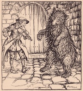 When the bear heard the music he could not help beginning to dance. Illustration by Arthur Rackham from Grimm