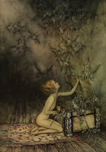 若い女の子とコウモリのような 作： Arthur Rackham