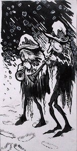 ユールログ、スナップドラゴン、ワッセイル、ウェイト、ホリー」C.V.ゴドビー作「Old Friend Christmas」の挿絵（紙にペンとインク、モノクロ水彩＆ボディカラー 作： Arthur Rackham
