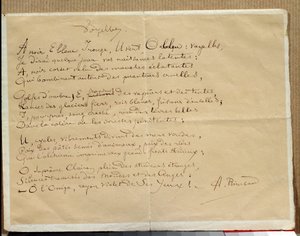 アルチュール・ランボーの詩の手稿。"The Vowels" 作： Arthur Rimbaud