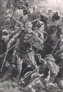 1415年10月25日、アジャンクールの戦いでのヘンリー5世とダクダランコン、「陸と海での英国の戦い」のイラスト、ロンドン、カッセル発行、1910年