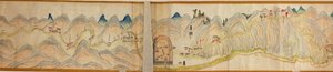 16,000。 提供されます。 北を右に向けます。 絵で示されているレリーフ。 鳥瞰図。 山西省宝鶏西安の濰河から山西四川国境の蜀道まで。 集落、休憩所、駅、旅館、寺院、峠、城壁を表示 作： Arthur W. Hummel