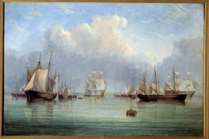 マリン 船と帆船が係留されている。アーサー・ウェリントン・ファウルズ（1815-1883）の絵画 19世紀 オーリンズ美術館 作： Arthur Wellington Fowles