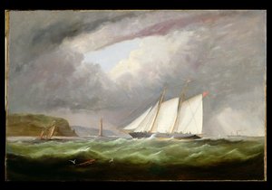 スクーナーヨット「エスメラルダ」、キャップルハーグ沖のオルダニーロードにある1861 作： Arthur Wellington Fowles