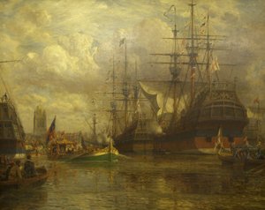 エリザベス女王がエイボンを渡ってハンガリーを訪問、1574年、1916年 作： Arthur Wilde Parsons