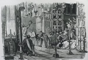 シャルルマーニュまたはシャルル1世（742-814）。フランク王、ロンバルド王（768-814）、神聖ローマ皇帝（800-814）。神聖ローマ皇帝シャルルマーニュの戴冠式（800年）。エングレーヴィング。 作： Artist Unknown