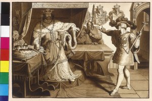 ハプスブルク家のルドルフ皇帝は、オットーカル2世を皇帝領オーストリアとシュタイアーマルクの返還に導いた。 作： Artist Unknown
