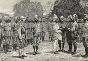 イギリス（19世紀）。植民地化。インドビルマの新連隊新兵に宣誓する。エングレーヴィング。個人蔵 作： Artist Unknown
