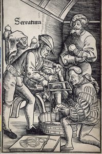 ゲルスドルフ，ハンス・フォン（1455 - 1529）。ドイツの外科医。脚の切断。ハンス・ヴェヒトリンによる "Feldtbuch der Wundartzney"（外科学の野戦書）のための木版画。 作： Artist Unknown
