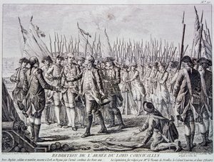 コルウォリス卿、ヨークタウンでイギリス軍を降伏させる（エングレーヴィング） 作： Artist Unknown