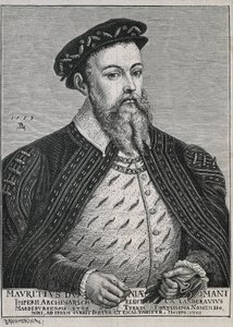 モーリス・オブ・ザクセン（1521-1553）。ザクセン公（1541-47）、後に選帝侯（1547-53）。1539年からプロテスタント。ルーカス・クラナッハの絵画に基づく肖像画。エングレーヴィング 作： Artist Unknown
