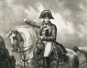 ナポレオン1世ボナパルト（1769-1821）。フランスの軍人、政治家、フランス皇帝（1804-1815）。ジョゼフ・シャボールによるオリジナルの肖像画をモチーフにしたナポレオンの騎馬像の詳細。エングレーヴィング 作： Artist Unknown