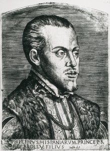 スペイン王フィリップ2世（1527-1598）。スペイン王（1556-1598）、ポルトガル王（1580-1598）。フィリップ王子の肖像。キシログラフィ。 作： Artist Unknown