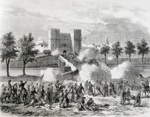 スペイン（1868年）。栄光の革命バレンシアのセランス門における政府軍の攻撃。イラストレーション』からのエングレーヴィング。ジョリナル・ユニバーサル』より。エッチング 作： Artist Unknown