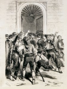 スペイン（1873年）。第一共和制の宣言とバルセロナ市庁舎の襲撃（1873年2月11日）。エッチング。 作： Artist Unknown