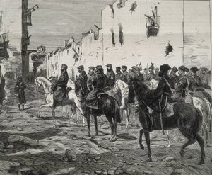 スペイン第一共和制（1873-1874）。カルタヘナのカントンカルタヘナ降伏後のホセ・ロペス・ドミンゲス将軍。La Ilustracion Espanola y Americana "に掲載された画像。エッチング。 作： Artist Unknown