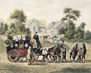 駅馬車（19世紀）。エングレーヴィング 作： Artist Unknown