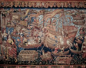 ポルトガルの航海者ヴァスコ・デ・ガマ（1459-1524）は1498年にインドのカリカットに到着した、詳細、タペストリー