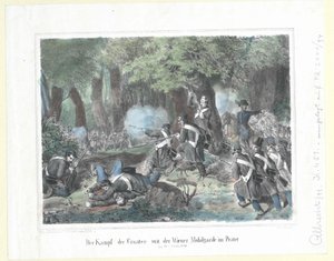 1848年10月28日、プラーターでのクロアチア軍とウィーン機動衛兵の戦闘 作： Artist Unknown