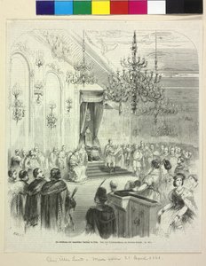 1861年4月6日、ジョージ・アッポーニ伯爵によってブダで行われたハンガリー州議会の開会式 作： Artist Unknown