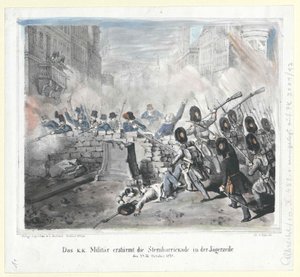 1848年10月28日、K.K.軍がイェーゲルツァイルのシュテルンバリックを襲撃する。 作： Artist Unknown