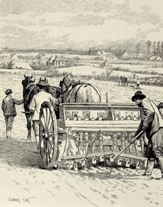 イギリスENGLAND.産業革命。ジェスロ・タルが発明した掘削機。2月の大麦の播種。The Illustrated London News』に掲載されたガニング・キングの絵。エングレーヴィング。 作： Artist Unknown