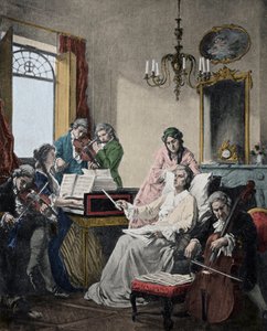 死期が迫ったヴォルフガング・アマデウス・モーツァルト（1756-1791）、完成したばかりのレクイエムのために楽隊を指揮する（Mozart (1756-1791) in his last days conducting a group of musicians for Requiem）。 作： Artist Unknown