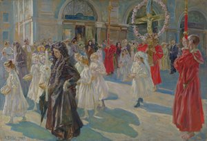 トリエステのグランデ広場にあるコーパスクリスティの行列、1908年 作： Arturo Fittke