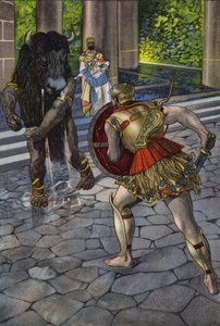 ミノタウロスと対峙するヘラクレス（カラーリトグラフ 作： Artus Scheiner