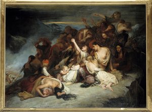 ギリシャの対トルコ独立戦争：「スーリオテの女たちは、夫がジャニナのパシャであるアリの軍隊に敗れたのを見て、岩から身を投げることにした」 アーリイ・シェファー（1795-1858）による絵画 1827年 日。2,6x3,5 m 作： Ary Scheffer