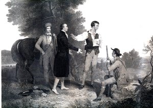 イギリスのスパイ、ジョン・アンドレ少佐の捕虜になった時の様子（版画 作： Asher Brown (after) Durand