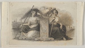 自由と正義を象徴する女性像が描かれた紙幣のビネット。 1824-37。 作： Asher Brown Durand.